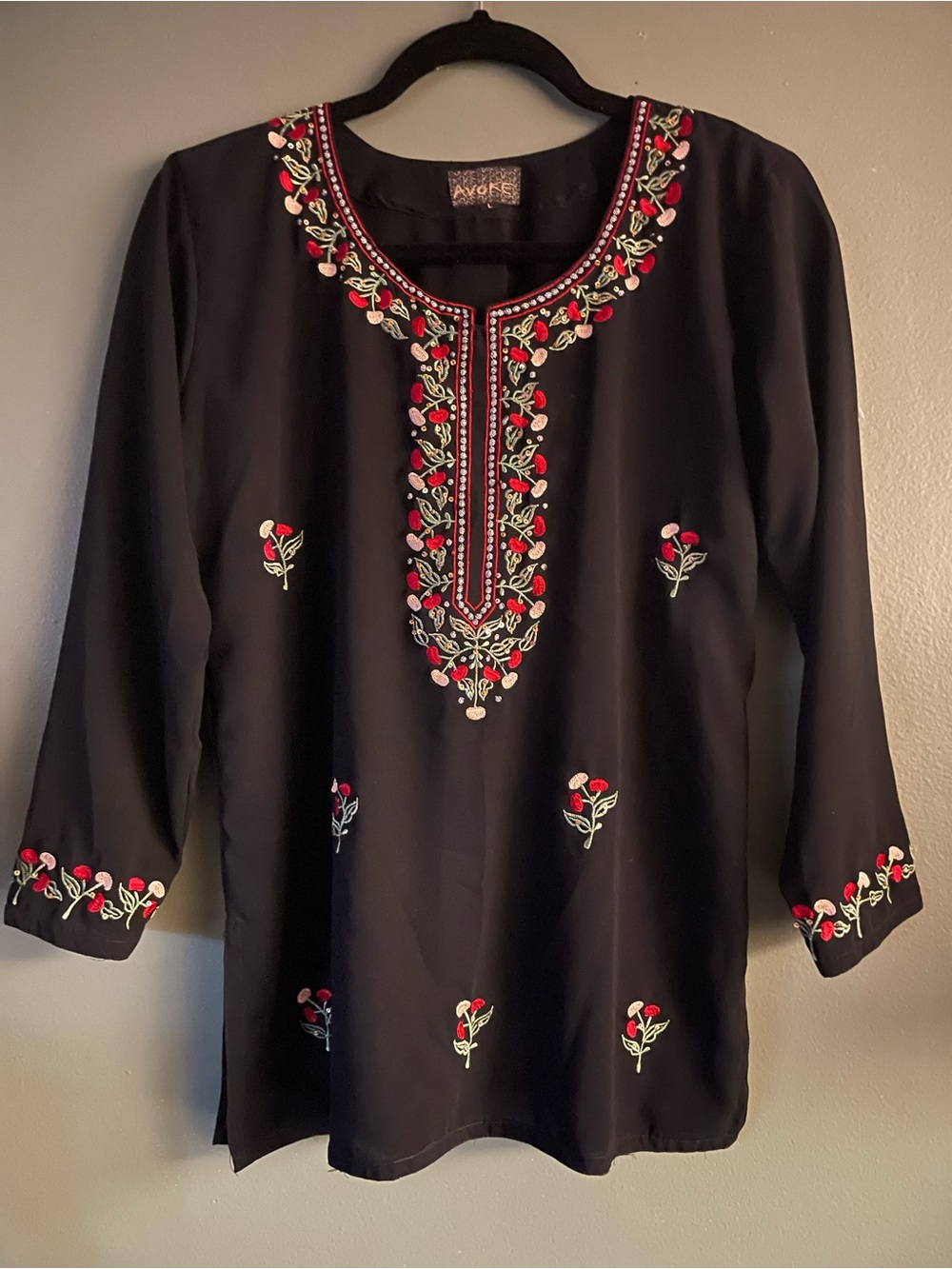 Avenue Black Tunic with Red & Green Floral Embroidery